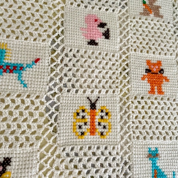 Handmade Other - Handmade Crocheted Blanket with Cross Stitch Design, White Background.